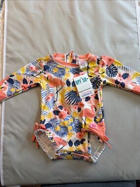 Ruffle Butts Coral, Yellow & Navy Flamingo Long-Sleeve Rashguard Swimsuit NWT